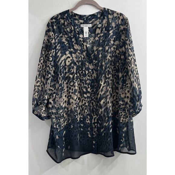 LIZ CLAIBORNE Women Blouse Sheer 2X Blue Black Beige Animal Print Loose‎ Fit - Picture 1 of 10